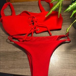 Red lace up front bikini